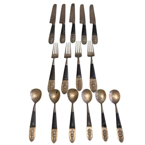 Vintage Rare SIAM Brass Thailand Buddha Flatware Serving Set Thailand 15 Pieces - Picture 4 of 5